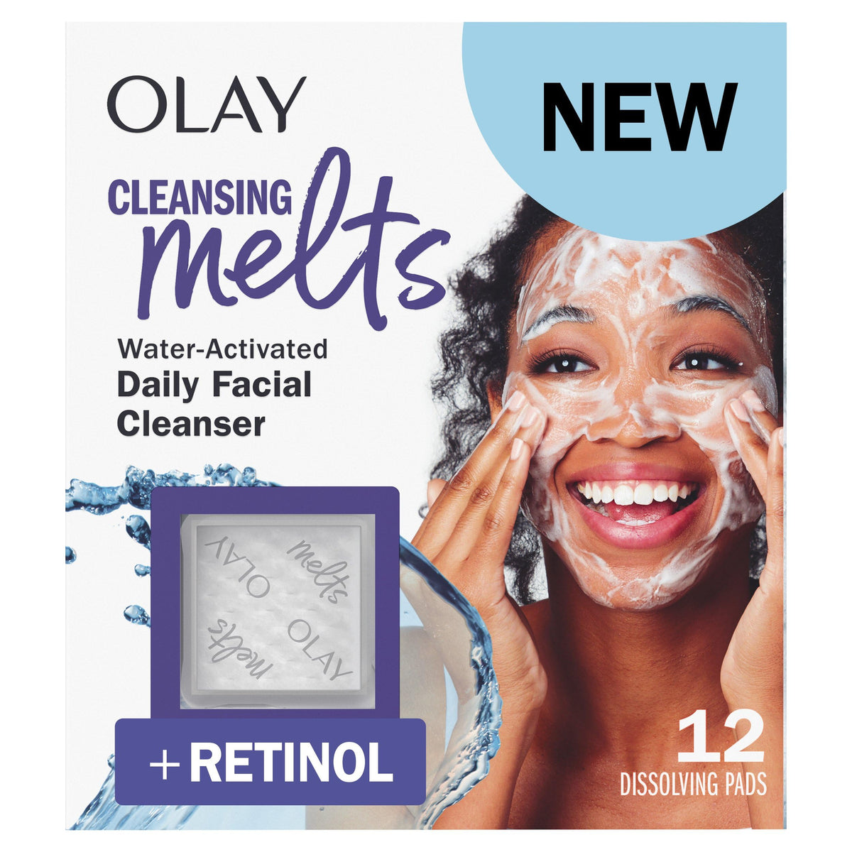 Olay Cleansing Melts pad dissolving in water to begin cleansing and lifting oils