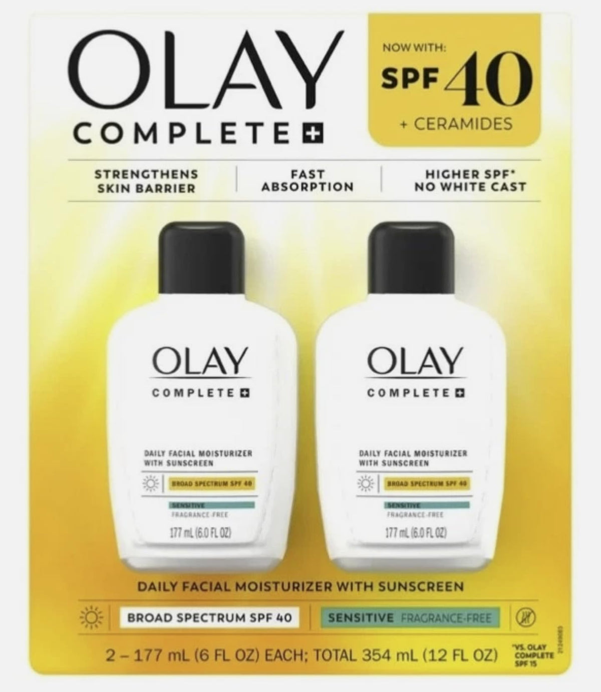 Olay Complete SPF 40 moisturizer bottle front with daily hydration and sun protection.