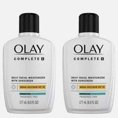 Olay Complete SPF 40 bottle pump close-up for quick application.