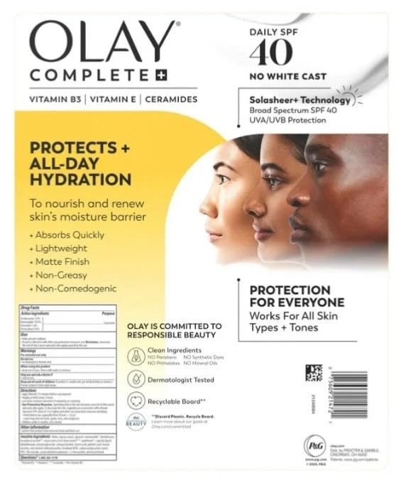 Olay Complete fragrance-free label highlighting sensitive-skin friendly formula.