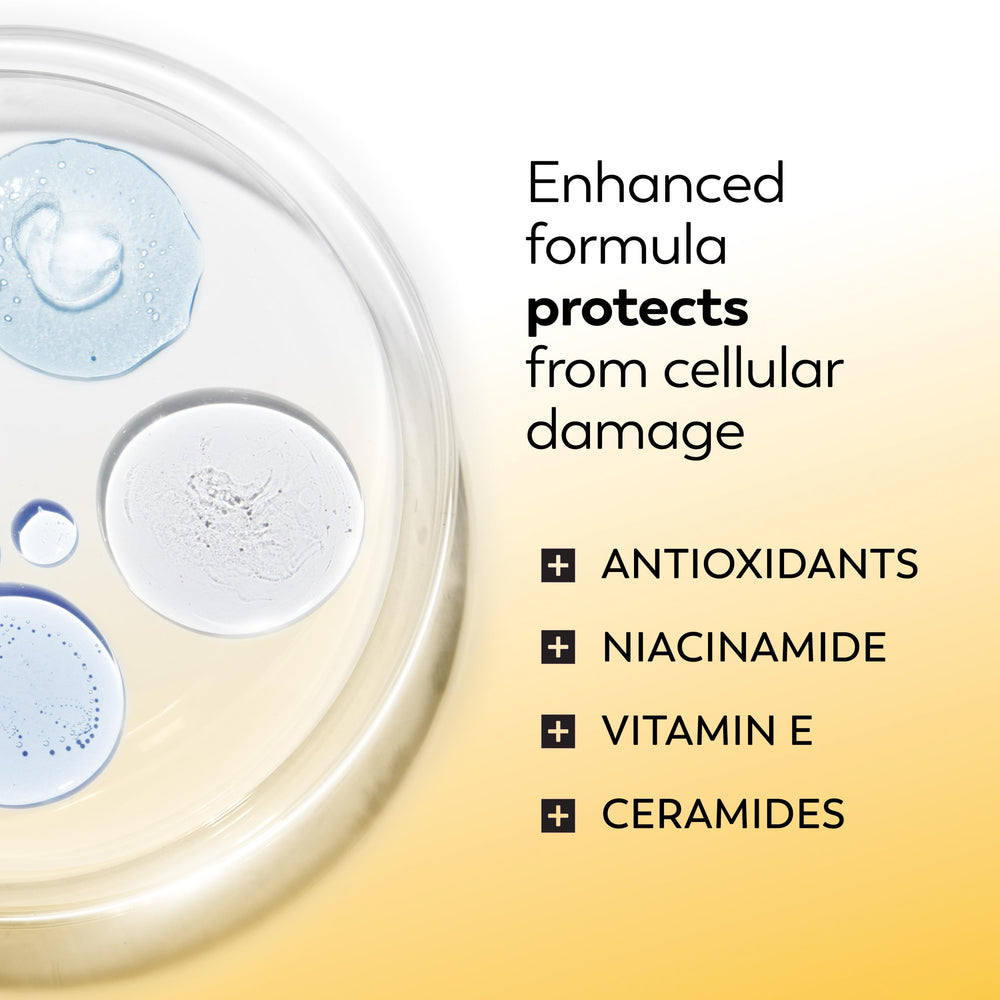 Ceramides and Niacinamide in Olay Complete+ bottle close-up benefits.
