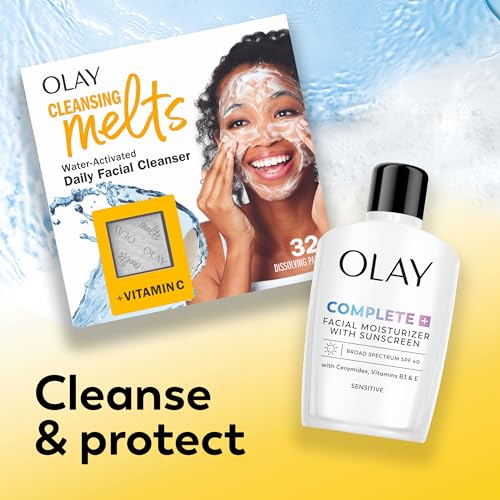 Fragrance-free Olay Complete+ shown as part of daily skincare routine.