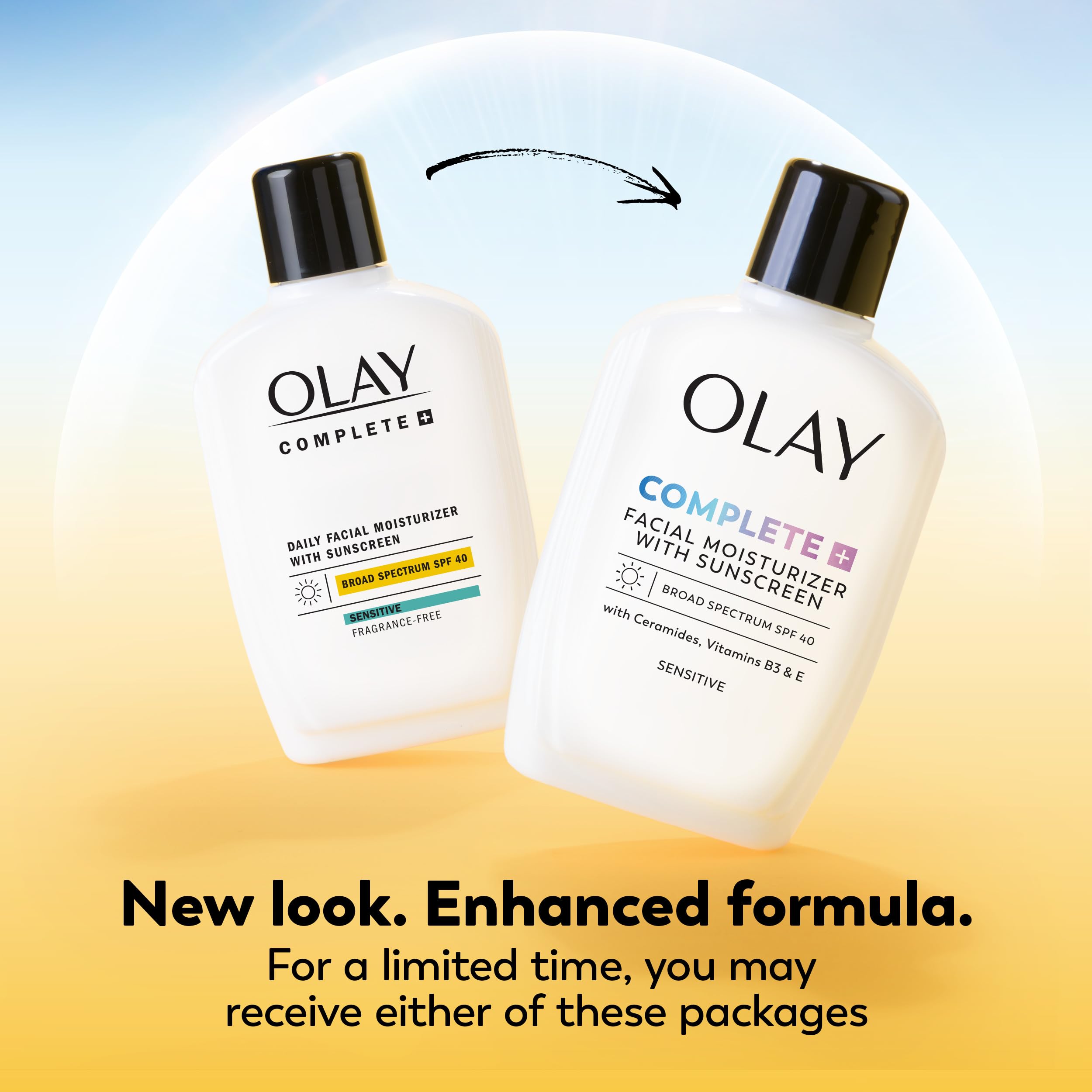 Olay Complete+ fragrance-free label, ideal for sensitive skin care.