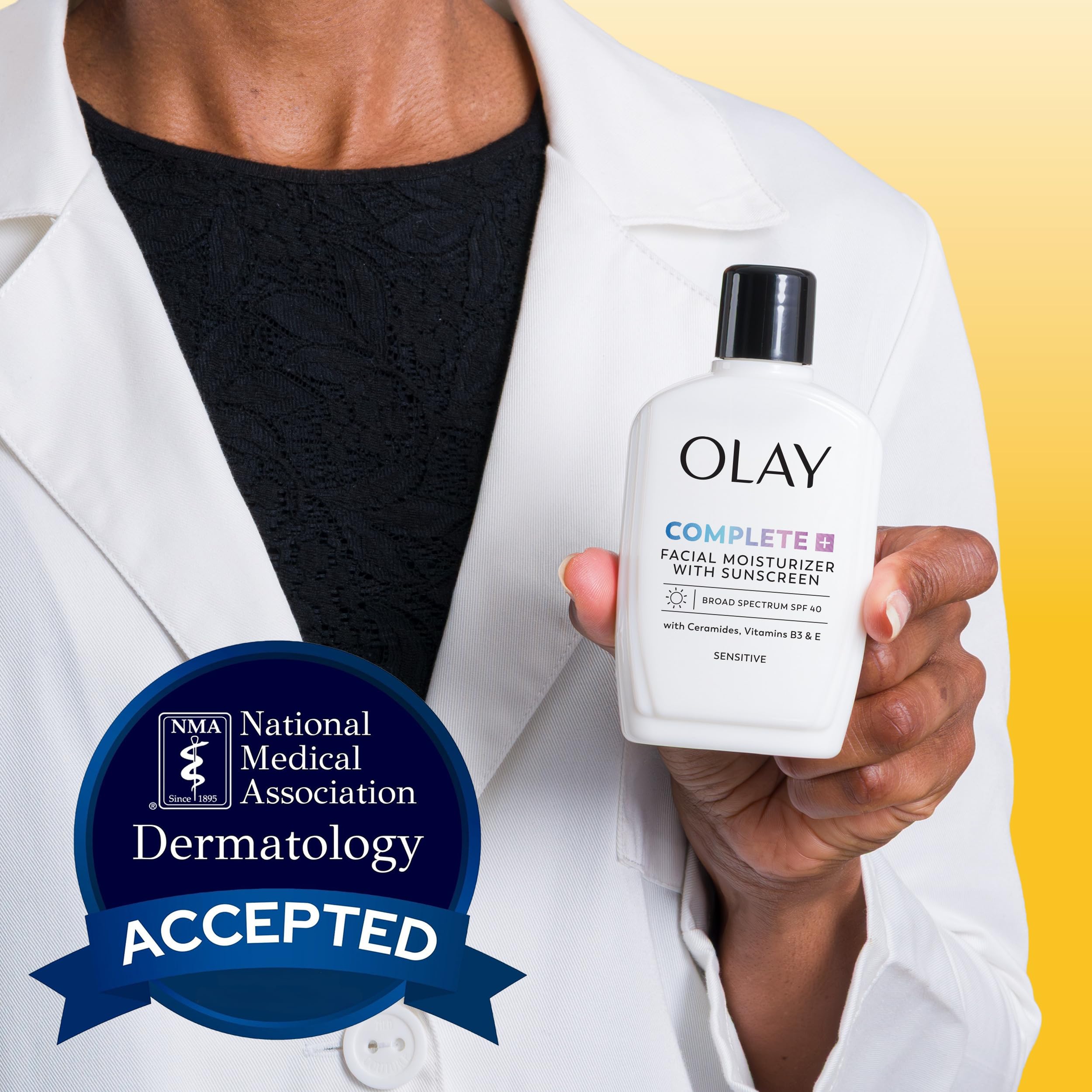 Recyclable Olay Complete+ bottle emphasizing eco-friendly packaging.