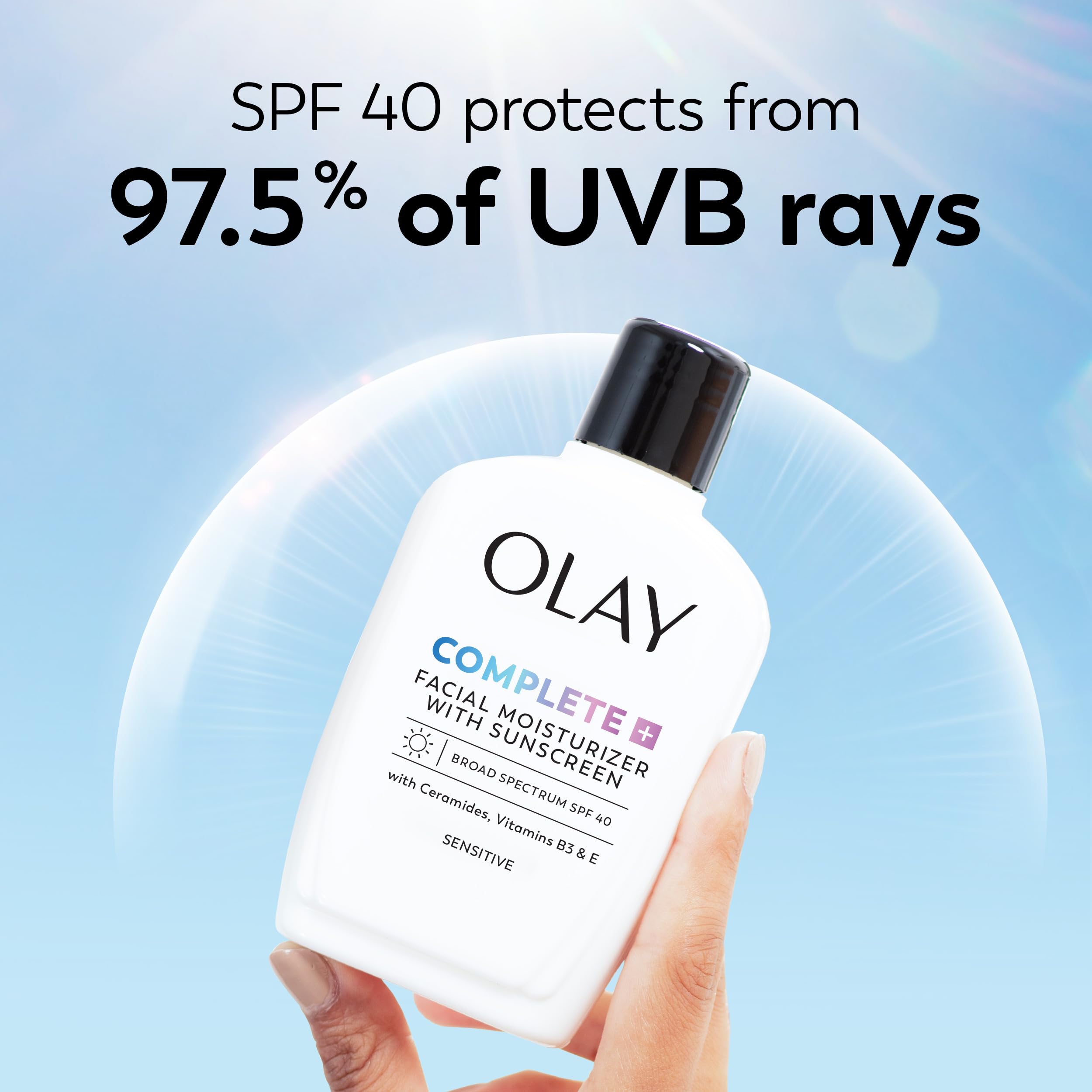 Niacinamide and Vitamin E ingredients illustration on Olay Complete+ packaging.