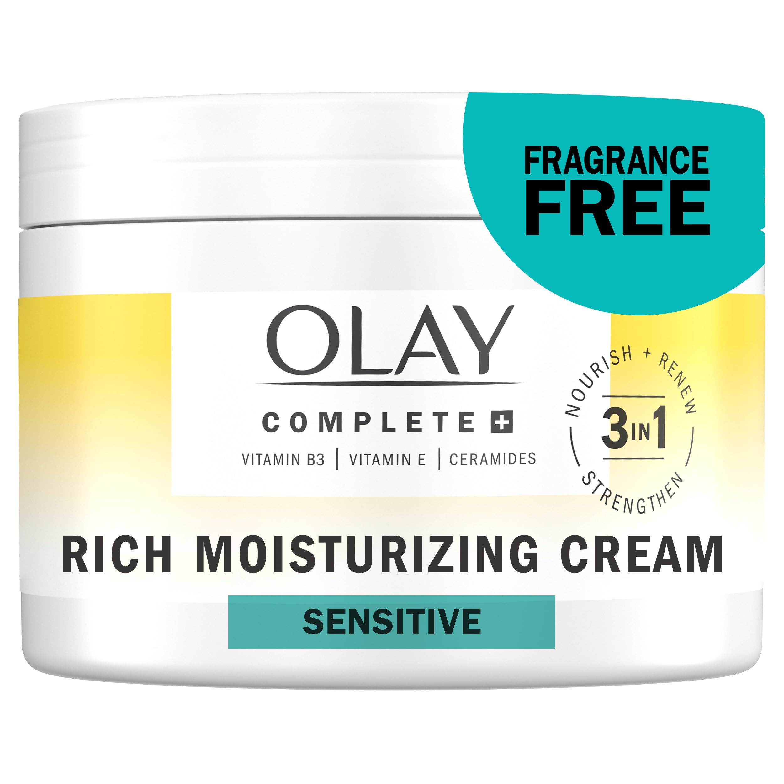Olay Complete+ Rich Moisturizing Cream jar close-up highlighting fragrance-free, all-day hydration for dry skin