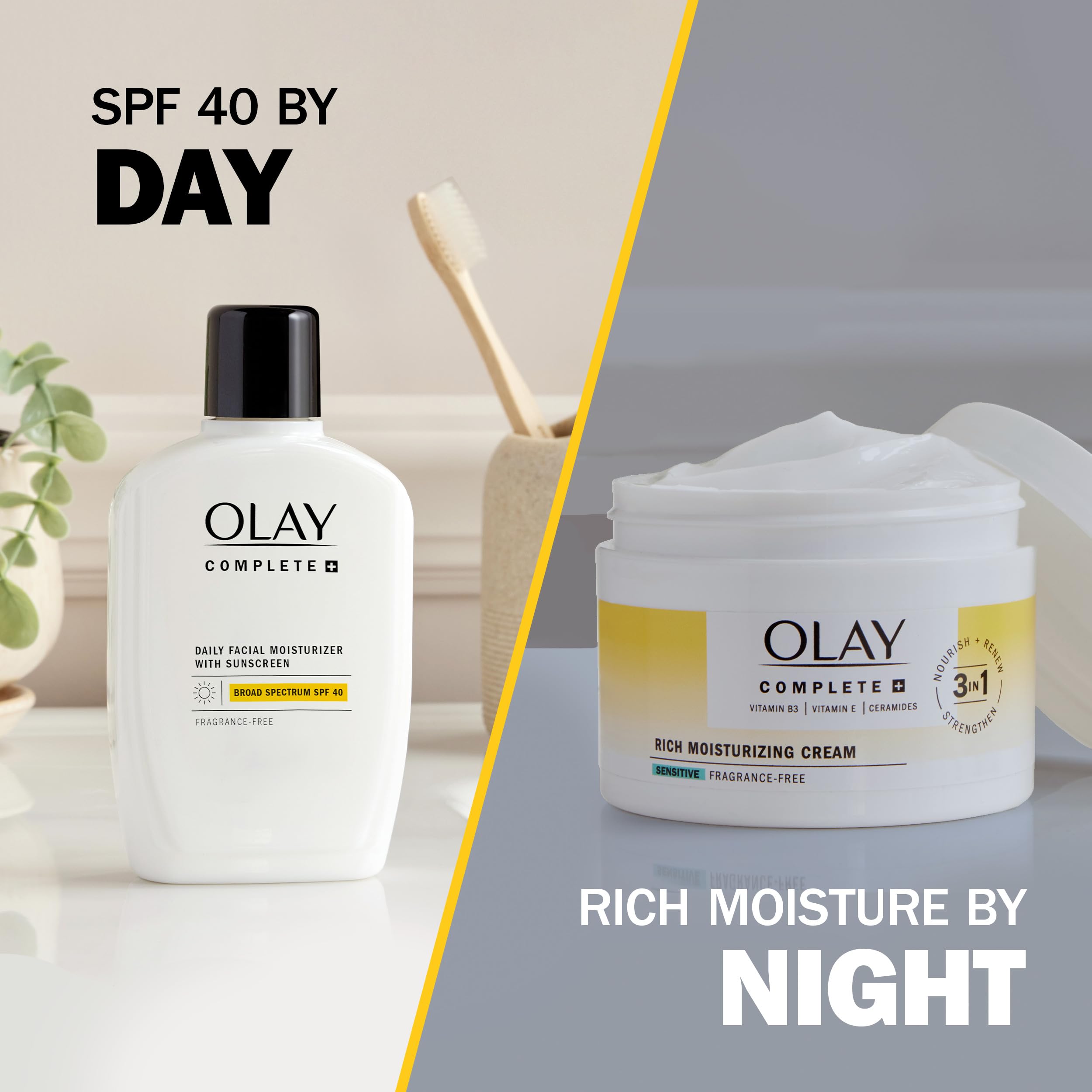 Olay Complete+ Rich Moisturizing Cream packaging close-up showcasing the 8.5 oz jar