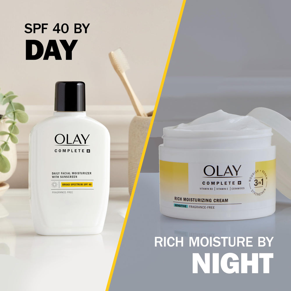 Olay Complete+ Rich Moisturizing Cream packaging close-up showcasing the 8.5 oz jar