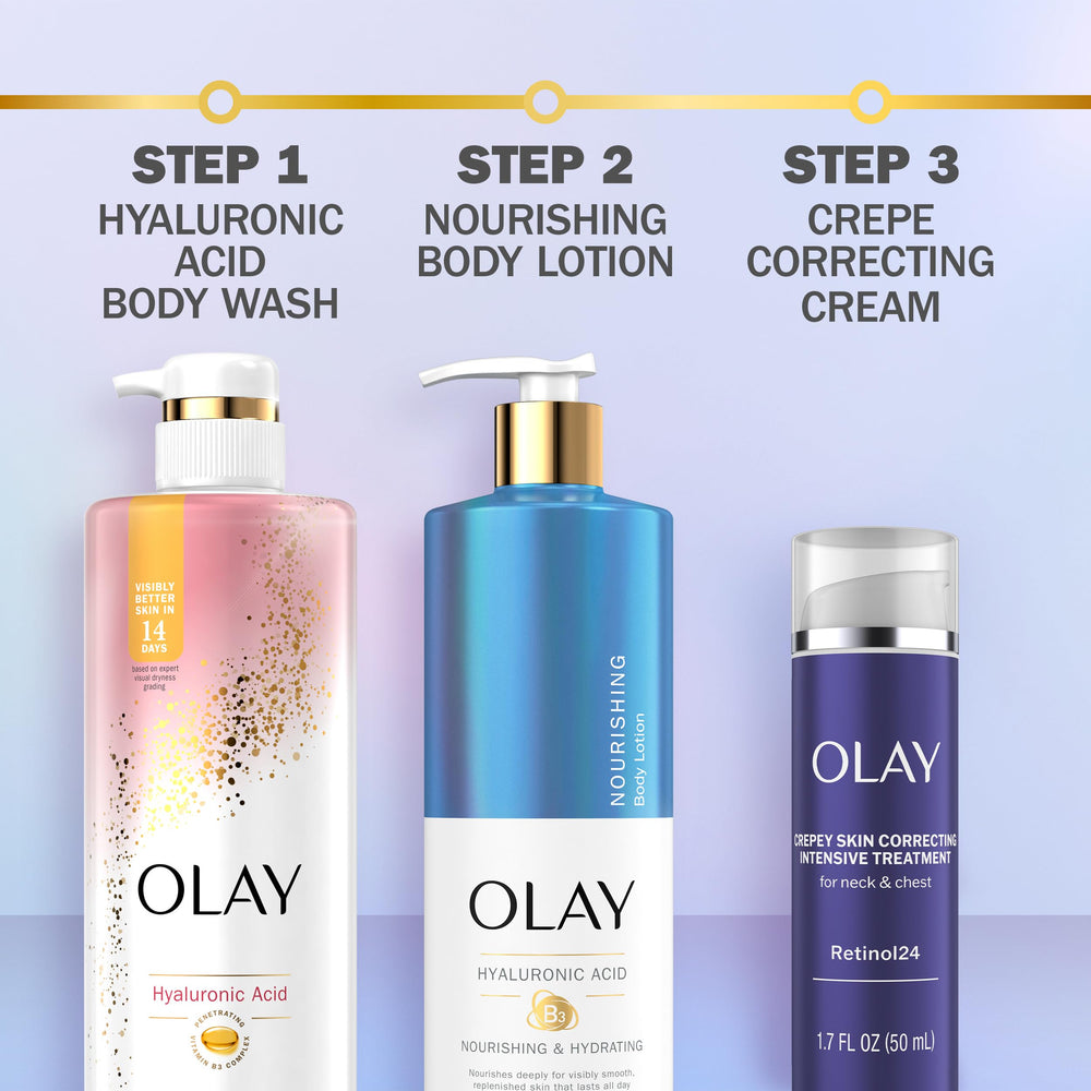 Olay product shown in neck and chest skincare routine.