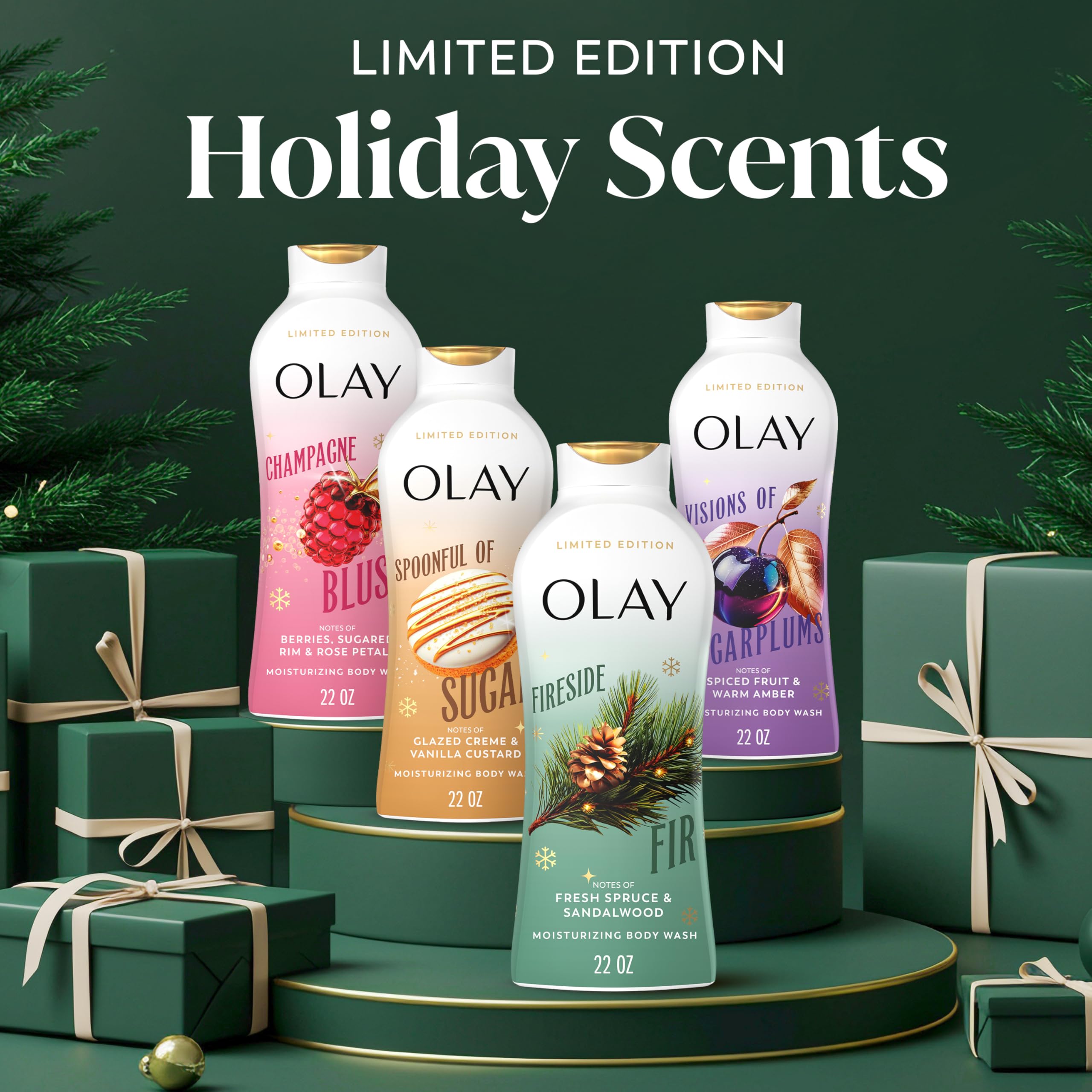 Olay Fireside Fir front-view with gift-ready ambiance for seasonal self-care