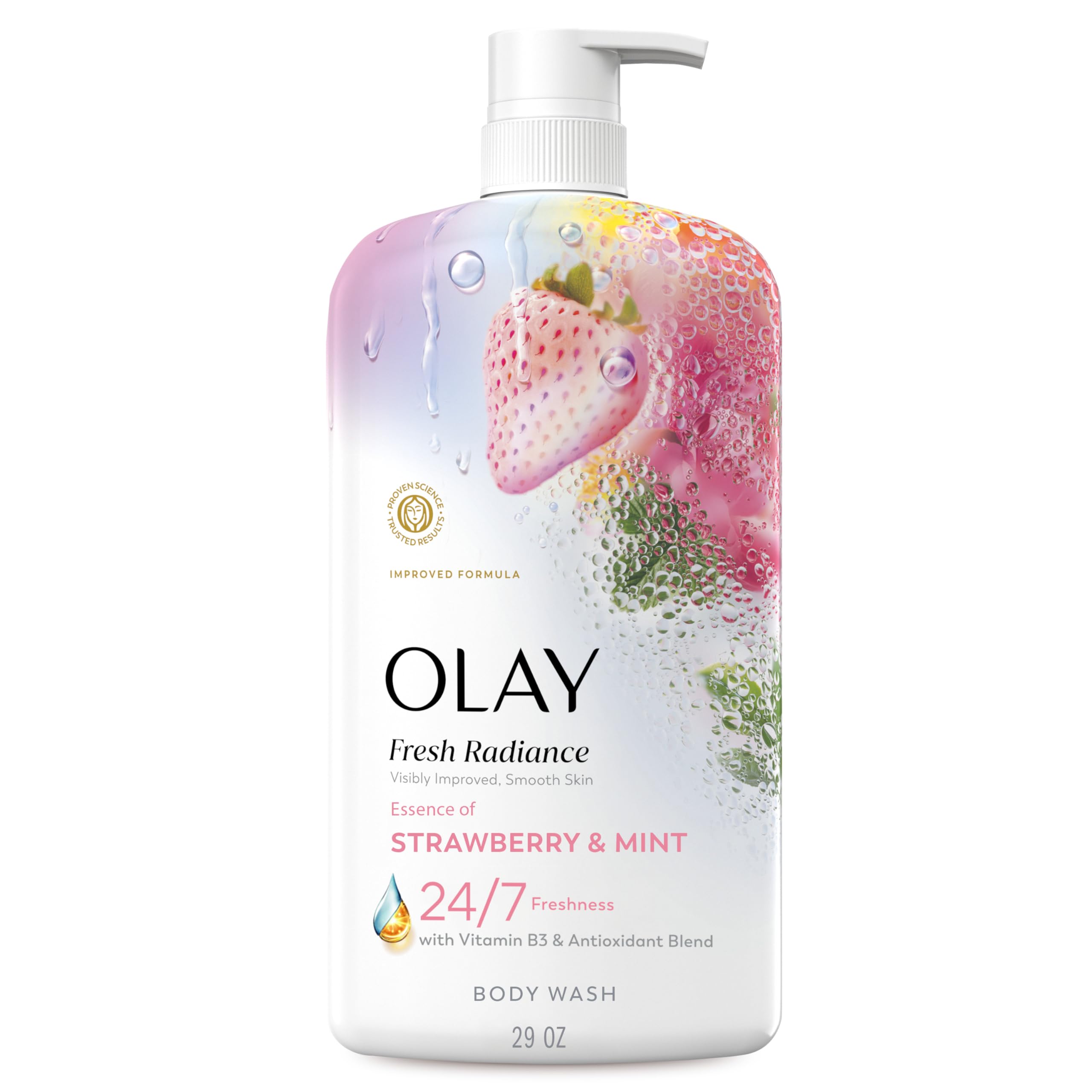 Olay Fresh Radiance Body Wash bottle on shower shelf showing strawberry mint scent for refreshing skin