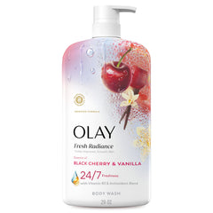 Olay Fresh Radiance bottle pours, signaling a refreshing cleanse for daily skin freshness.