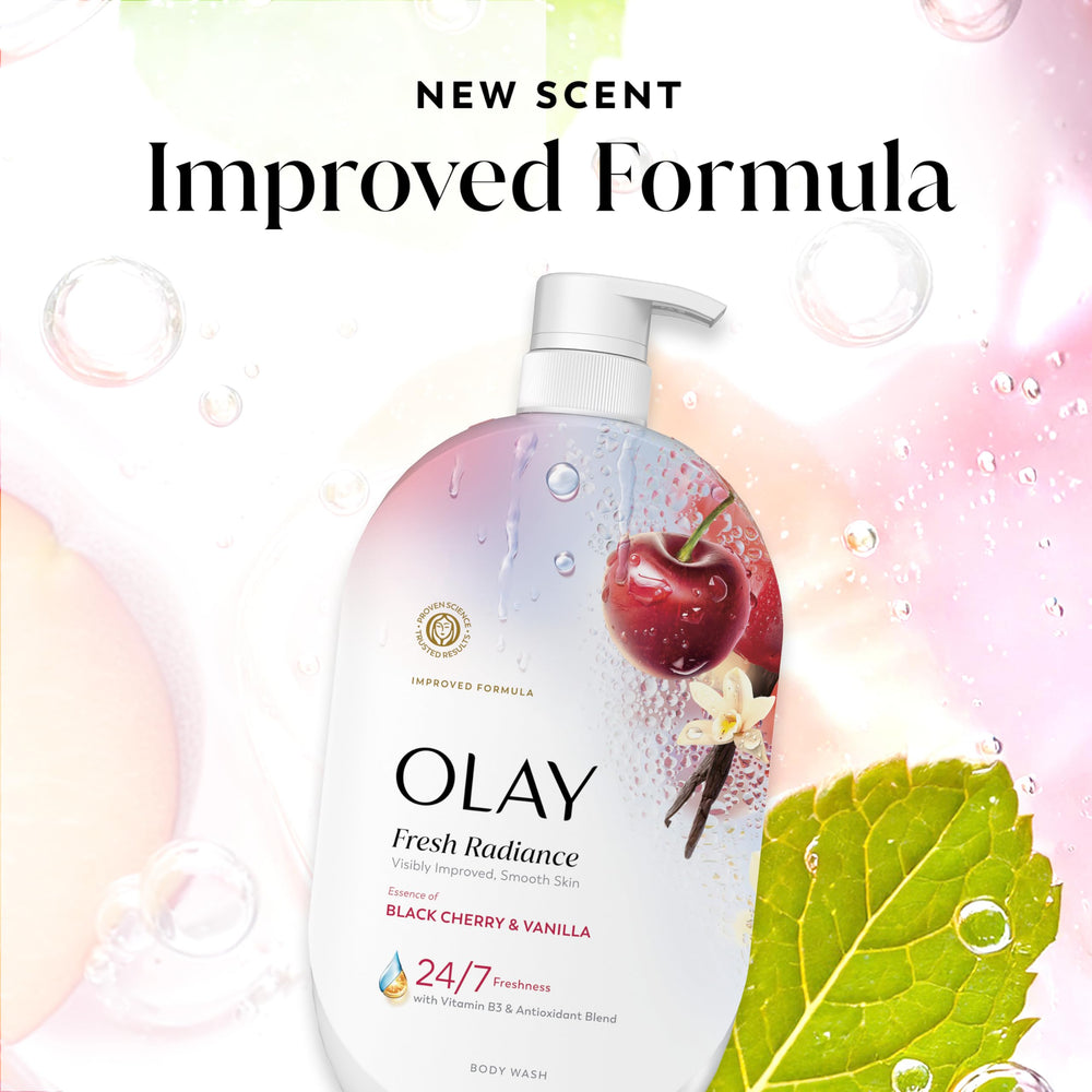 Olay Fresh Radiance full-size 35oz bottle on bathroom shelf