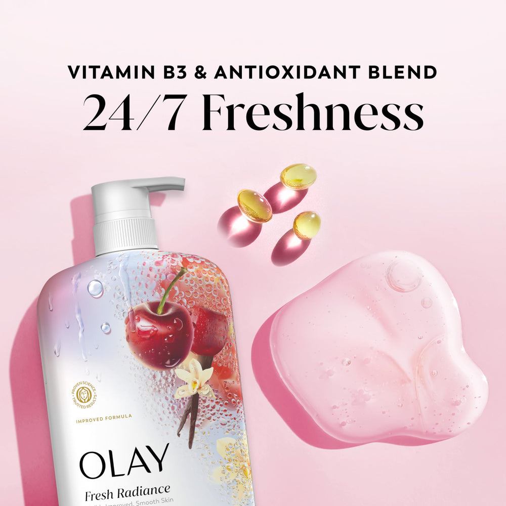 Olay Fresh Radiance rich foam lather demonstrates deep cleansing and sensory vanilla-cherry aroma.