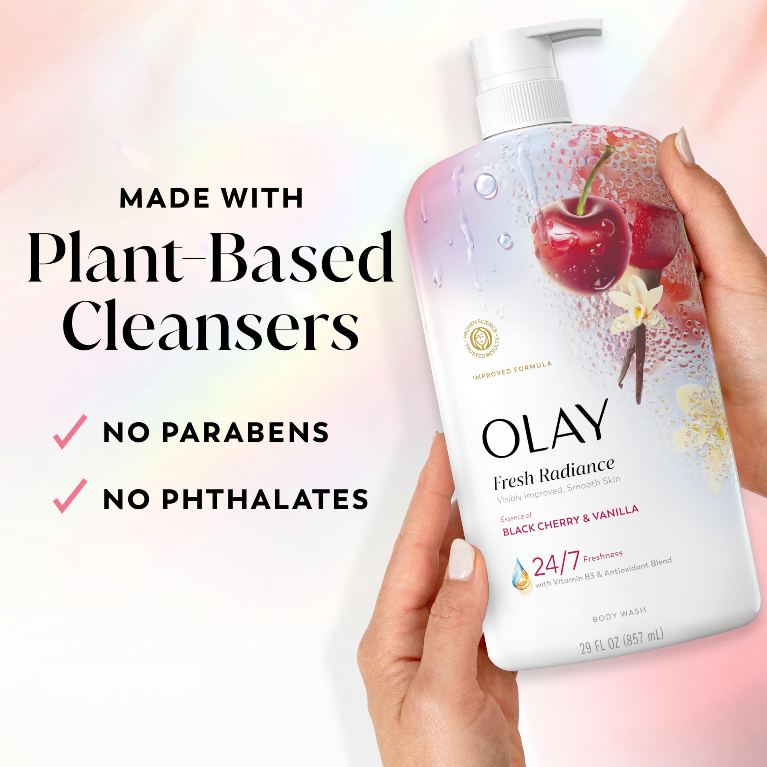 Olay Fresh Radiance vanilla-cherry scent closeup evokes a luxurious shower experience.