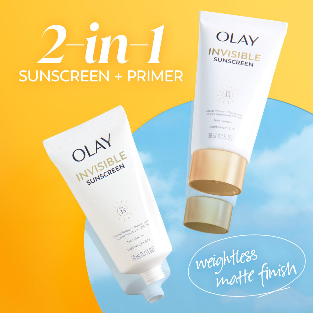 Applying Olay Invisible Sunscreen on the face for a primer-like base