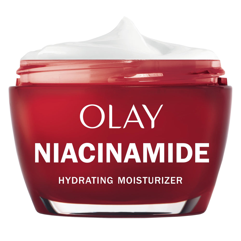 Olay Niacinamide Face Moisturizer bottle closeup shows lightweight hydration for daily use