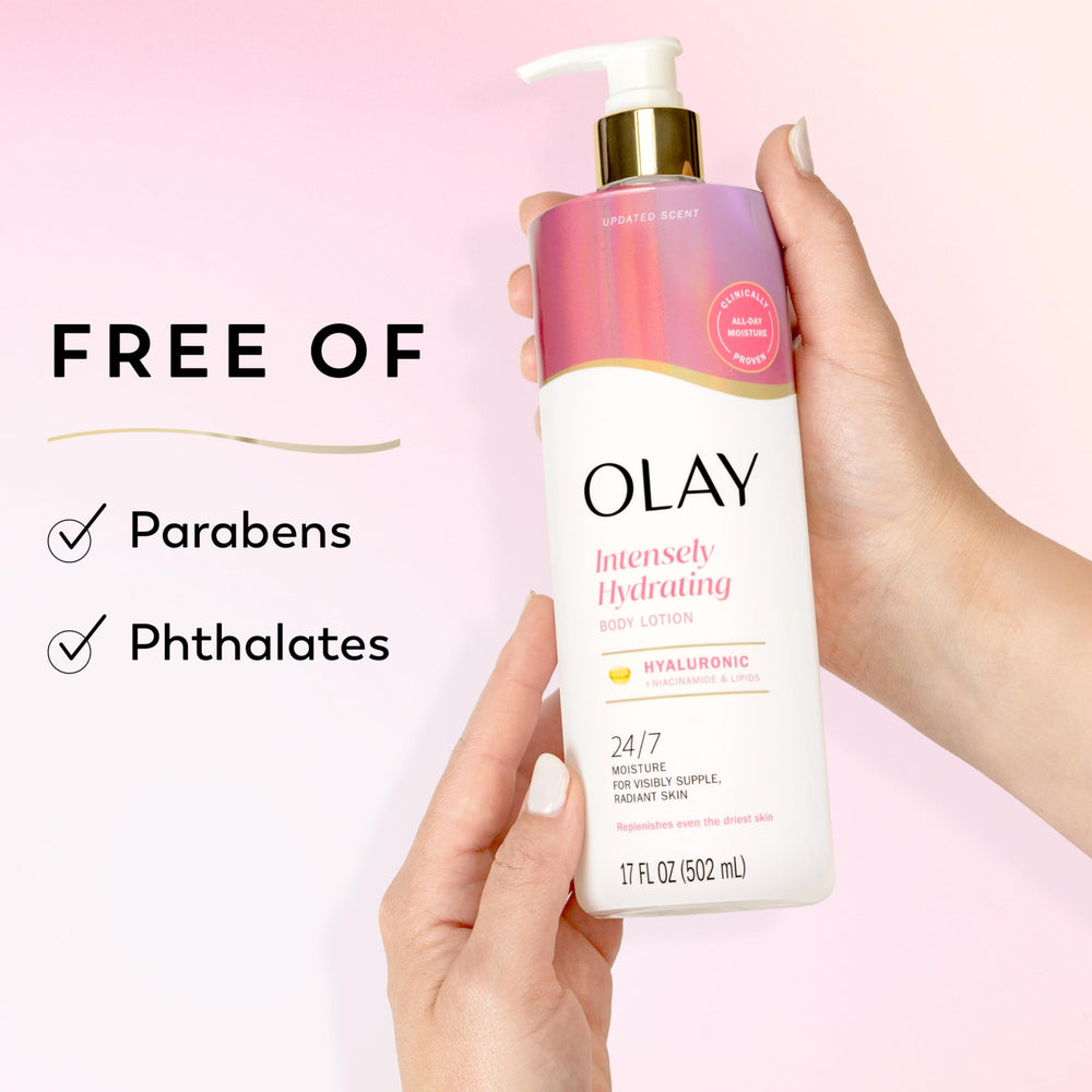 Olay Nourishing Body Lotion 24-hour moisture illustration on skin.
