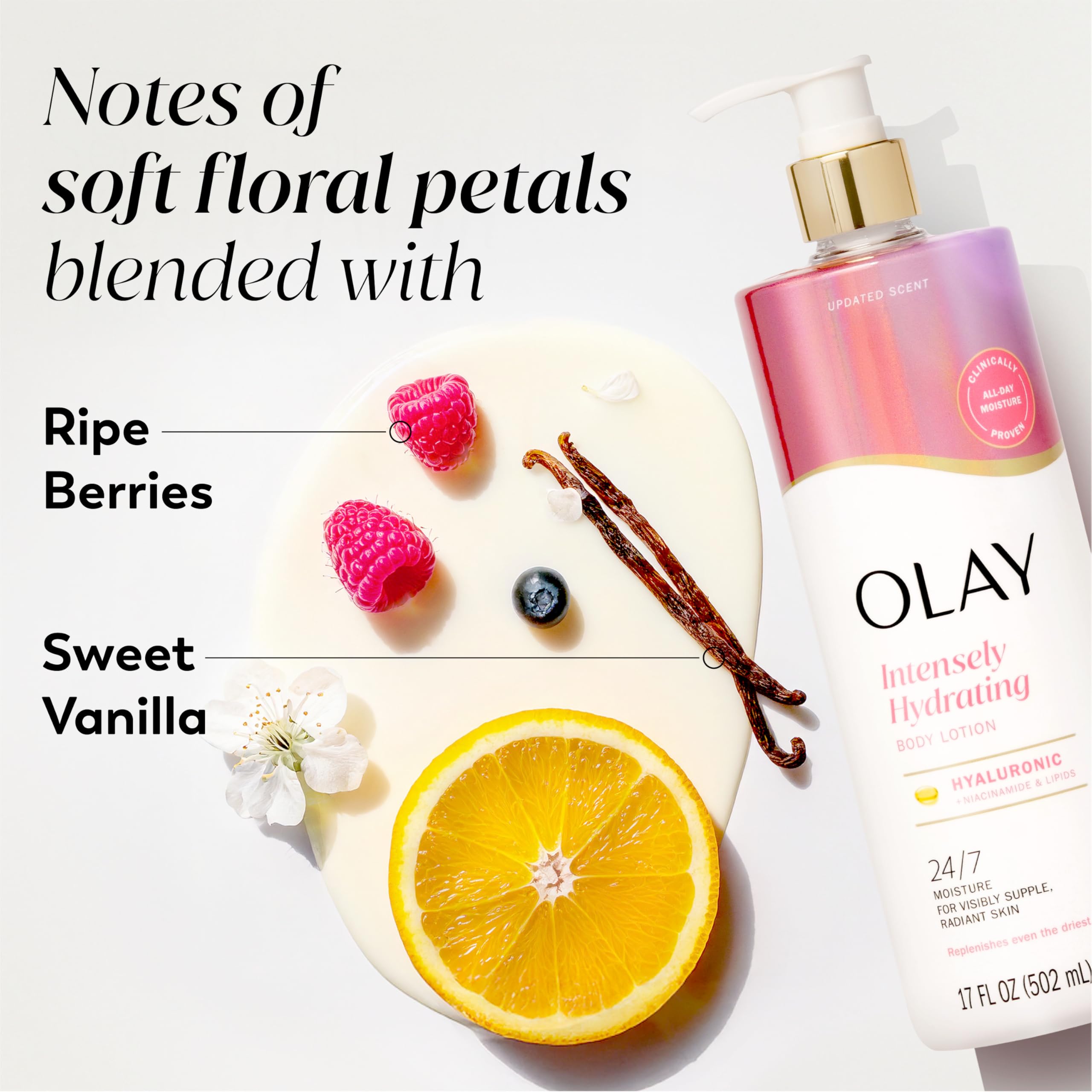 Olay Nourishing Body Lotion cream texture swirl suggests non-greasy feel.