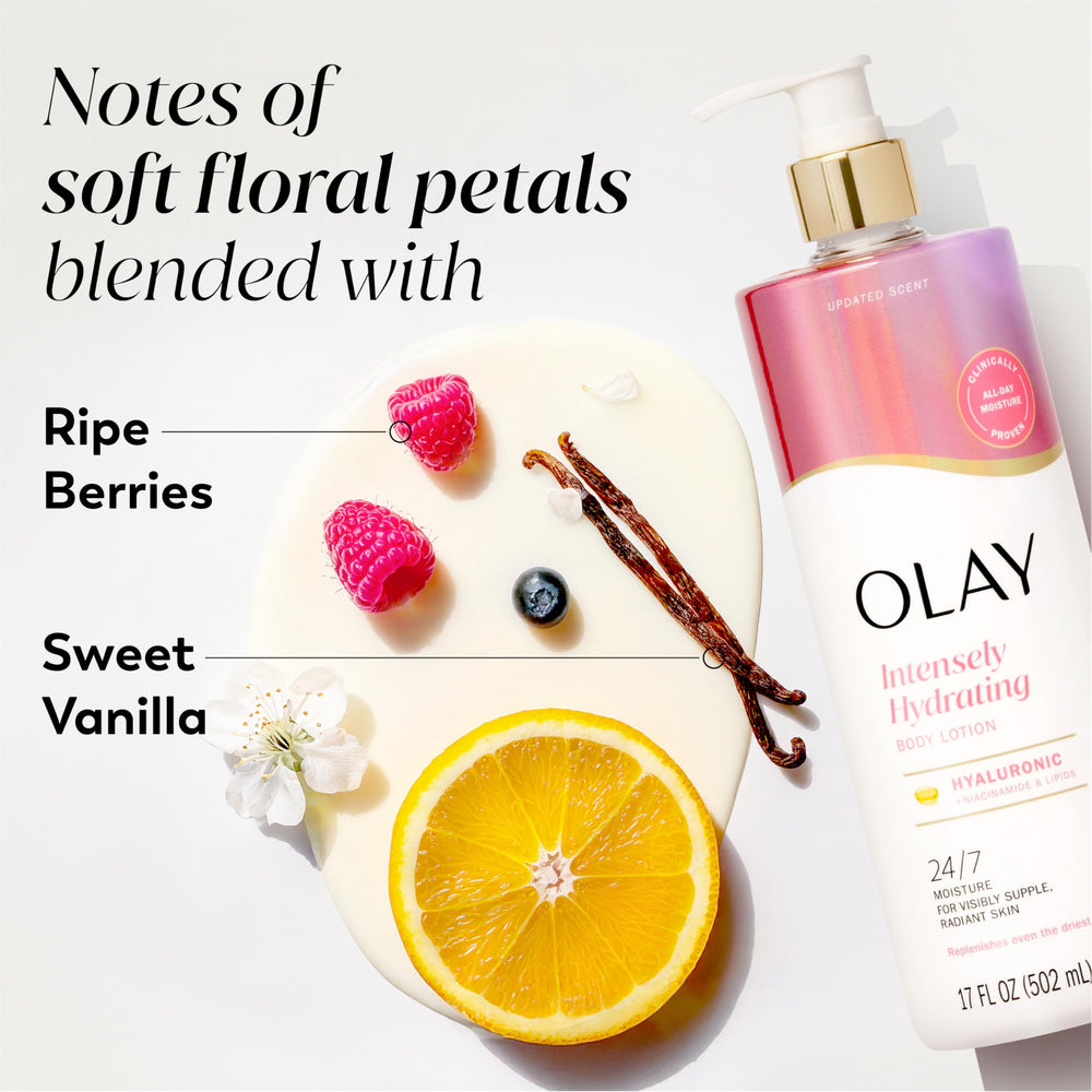 Olay Nourishing Body Lotion cream texture swirl suggests non-greasy feel.
