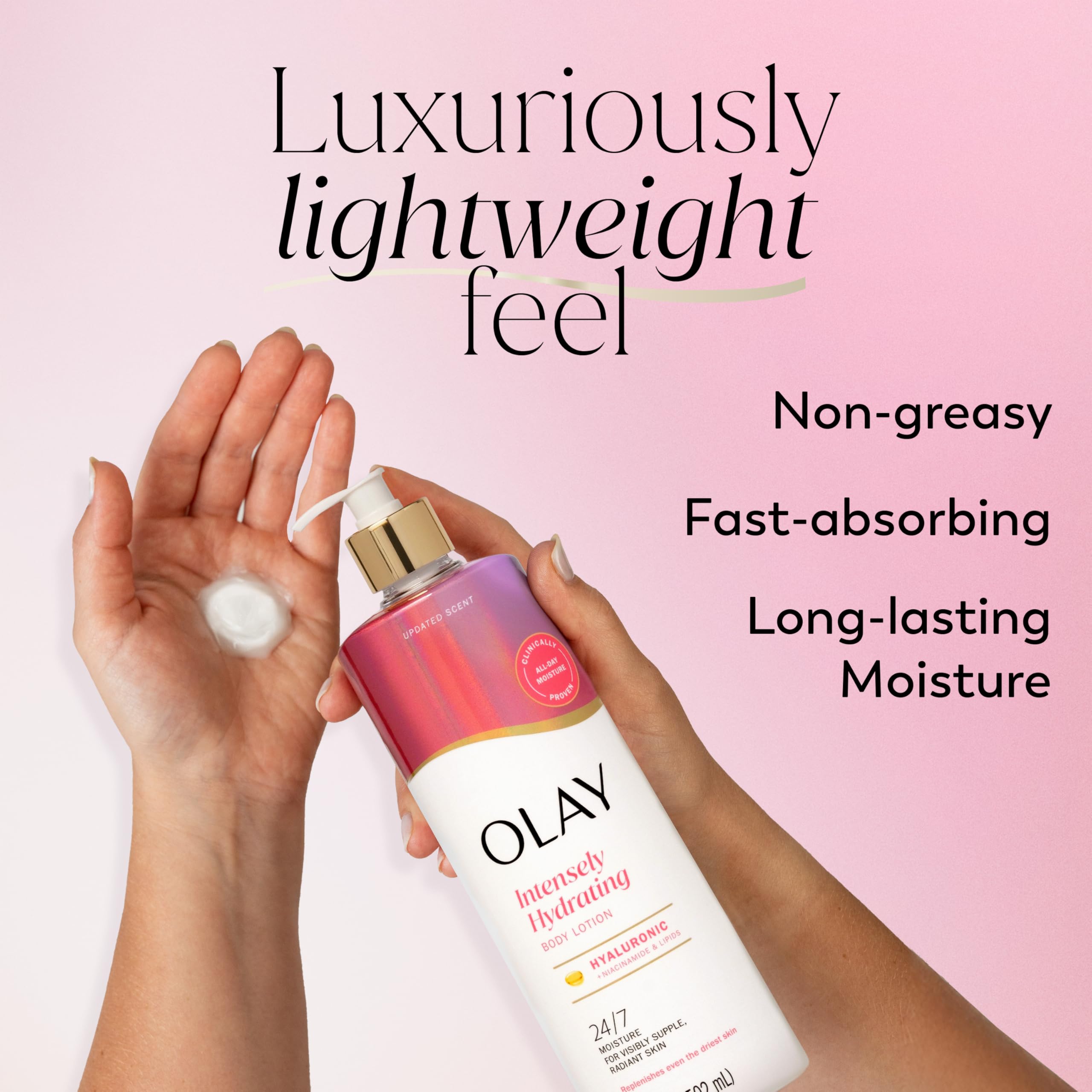 Olay Nourishing Body Lotion texture close-up shows fast absorption.