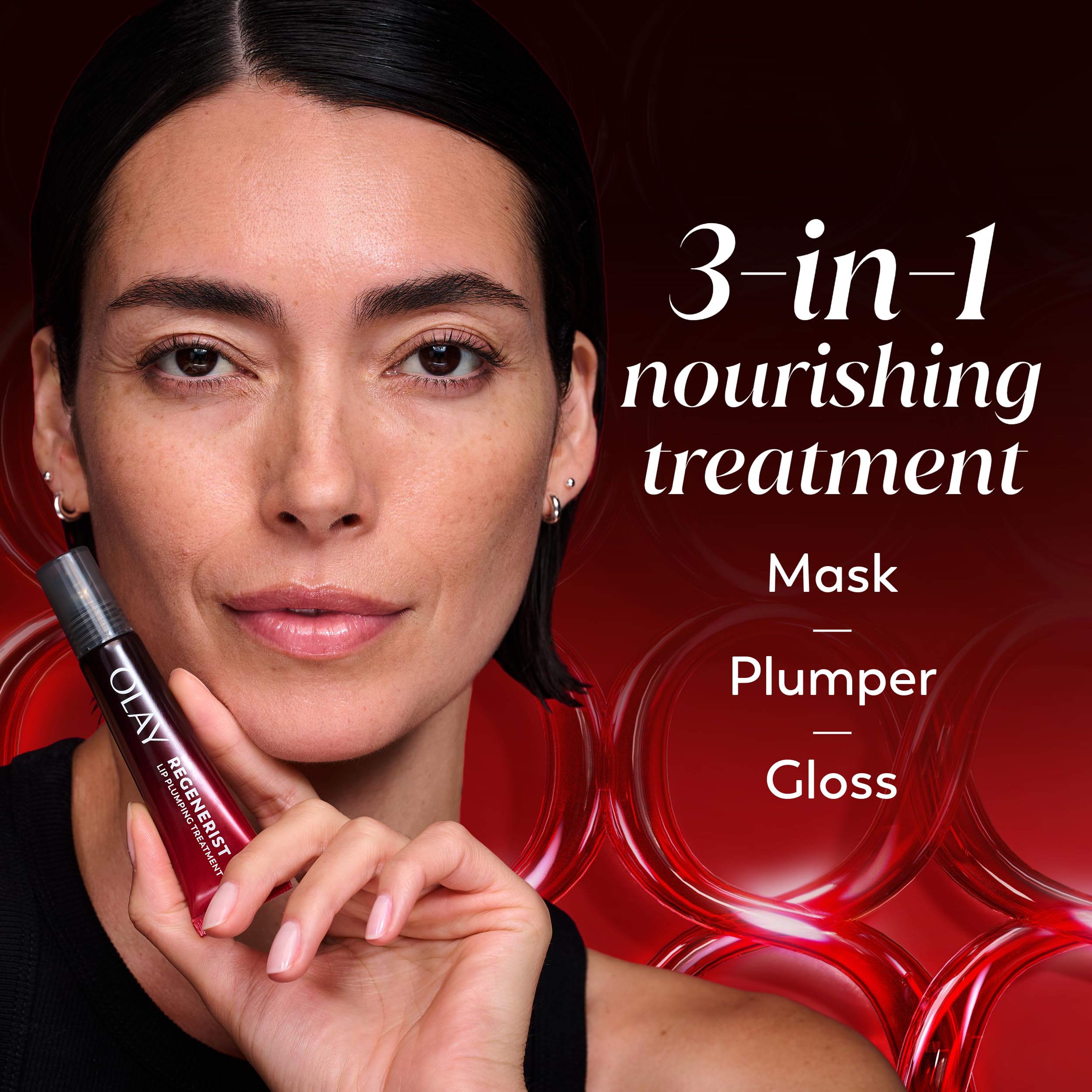 Olay Regenerist lip plumper gloss application illustrating instant plump effect
