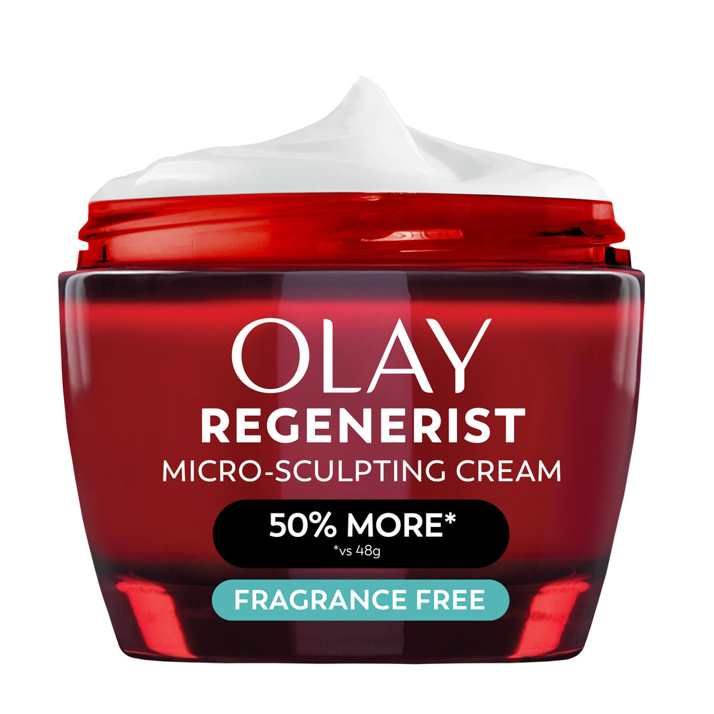 Olay Regenerist Micro-Sculpting Cream jar with fragrance-free formula hydrates deeply