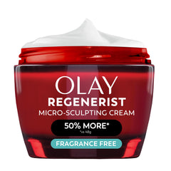 Olay Regenerist Micro-Sculpting Cream jar with fragrance-free formula hydrates deeply