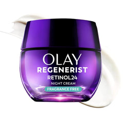 Olay Regenerist Retinol Night Cream jar close-up, fragrance-free formula for overnight hydration.