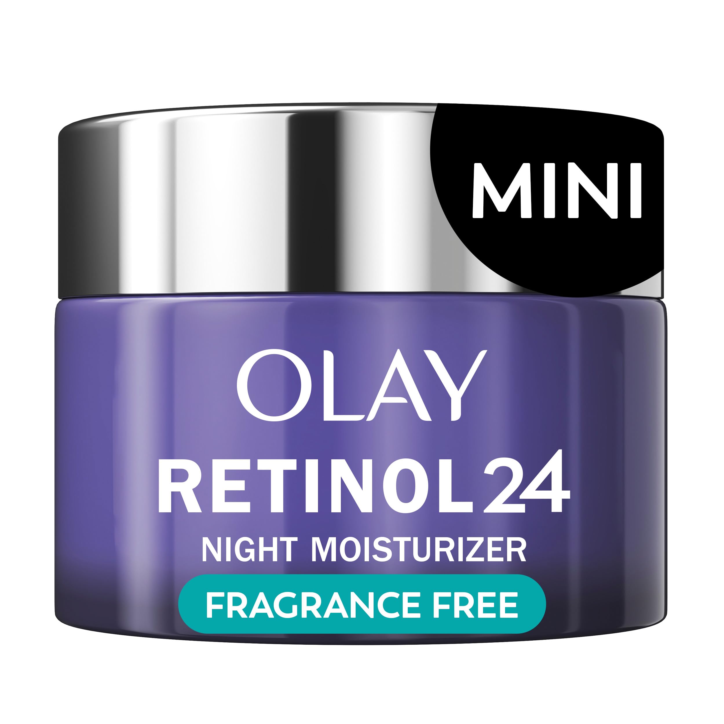 Olay Retinol 24 bottle demonstrates fragrance-free night moisturizer delivering overnight hydration.