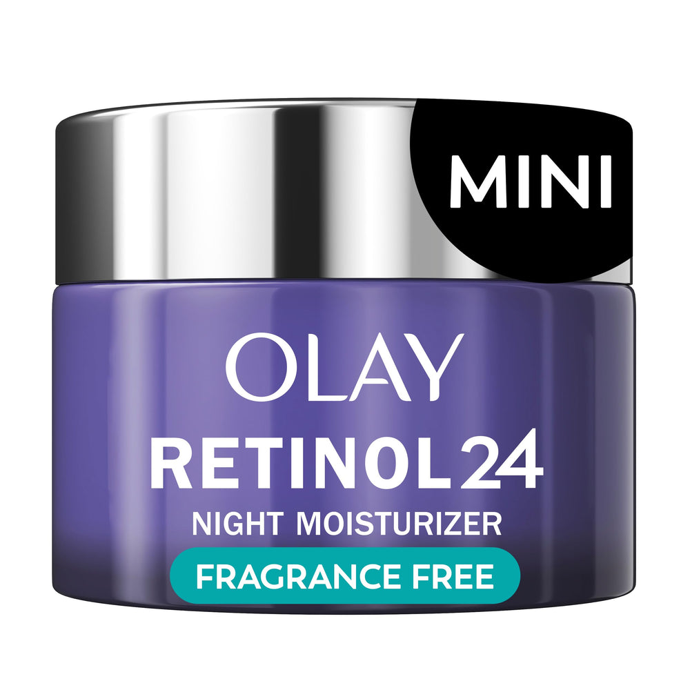 Olay Retinol 24 bottle demonstrates fragrance-free night moisturizer delivering overnight hydration.