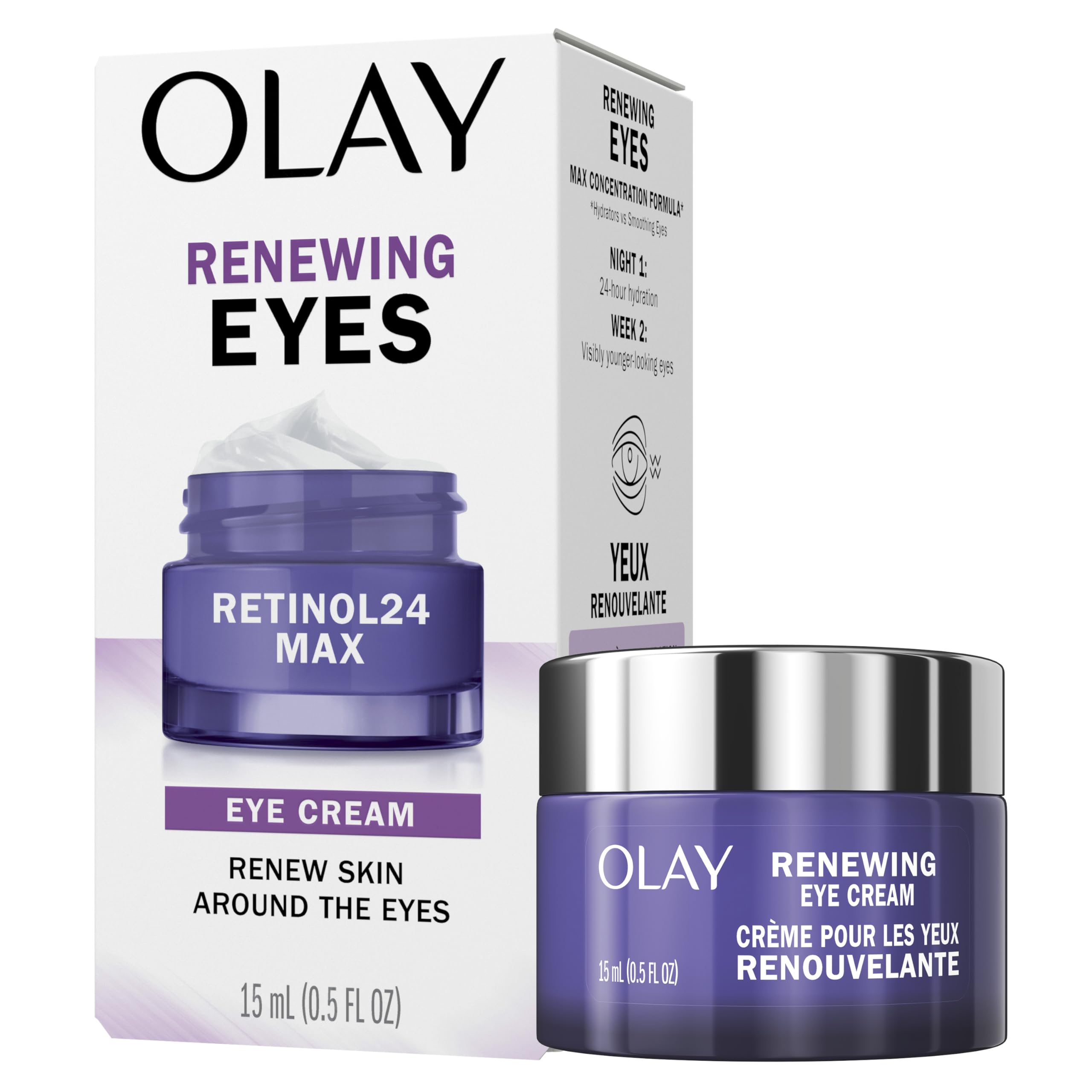 Olay Retinol 24 MAX eye cream jar closeup, fragrance-free formula for nighttime hydration.