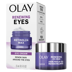 Olay Retinol 24 MAX eye cream jar closeup, fragrance-free formula for nighttime hydration.