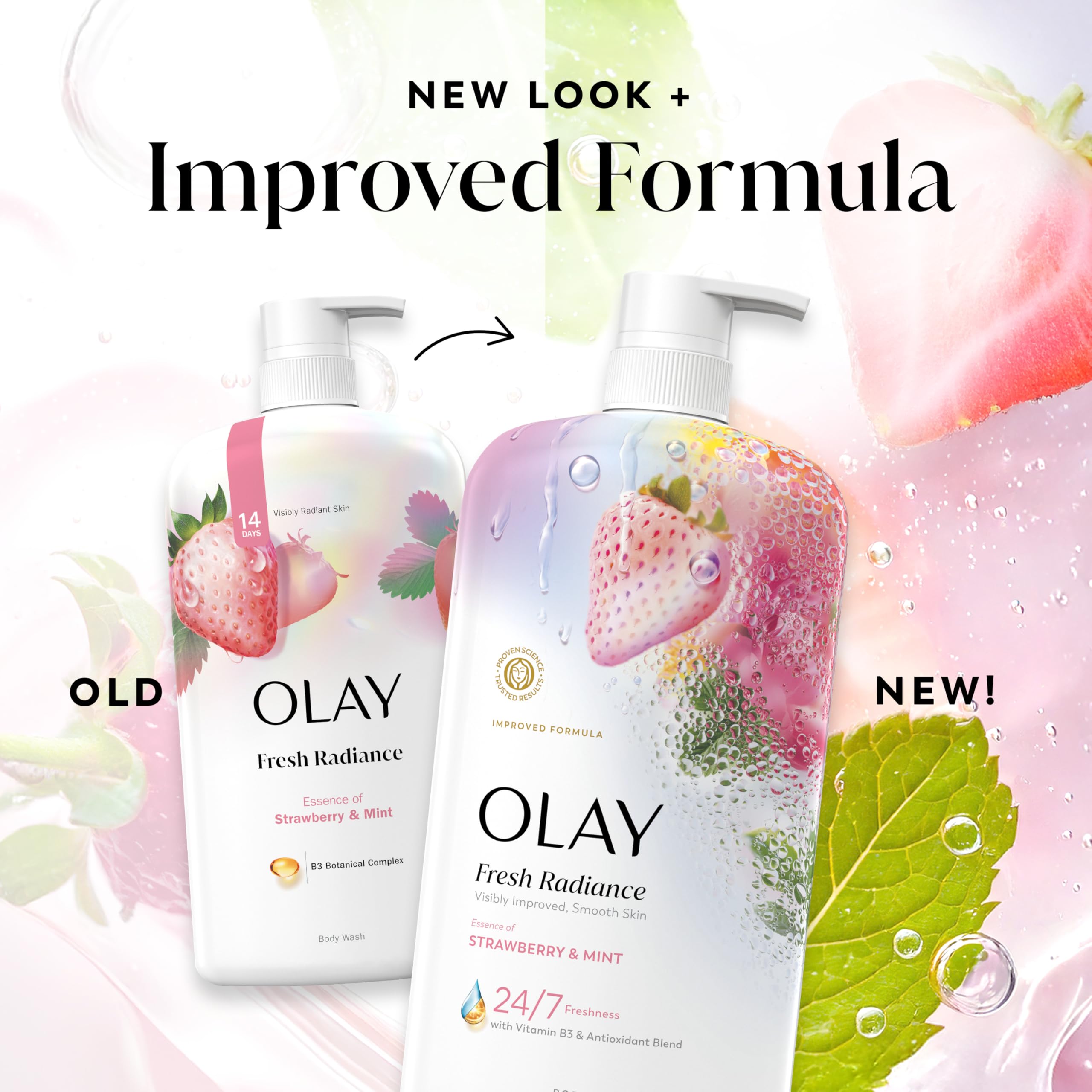 Olay Fresh Radiance bottle emphasizing skin type versatility