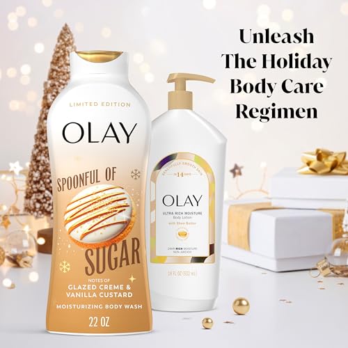 Olay Spoonful of Sugar bottle side view shows compact, travel-friendly size