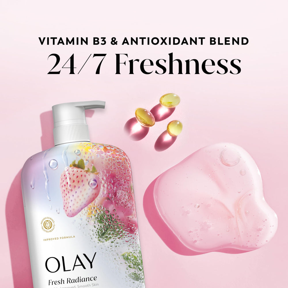Olay Fresh Radiance strawberry mint bottle closeup highlighting scent