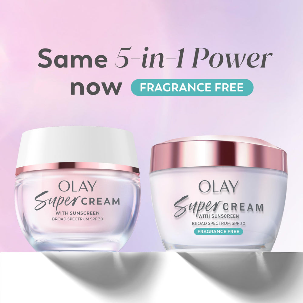 Olay Super Cream SPF 30 bottle back highlights lightweight protection
