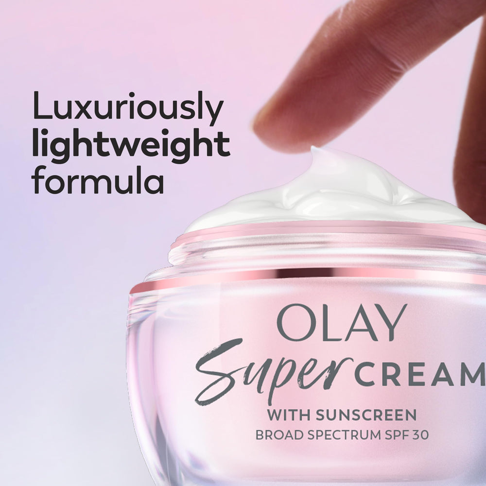 Olay Super Cream SPF 30 in use on the face showing smooth prep