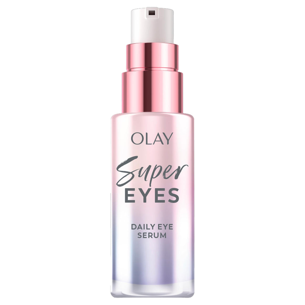 Olay Super Eye Serum bottle pump for easy daily use and controlled dispensing.