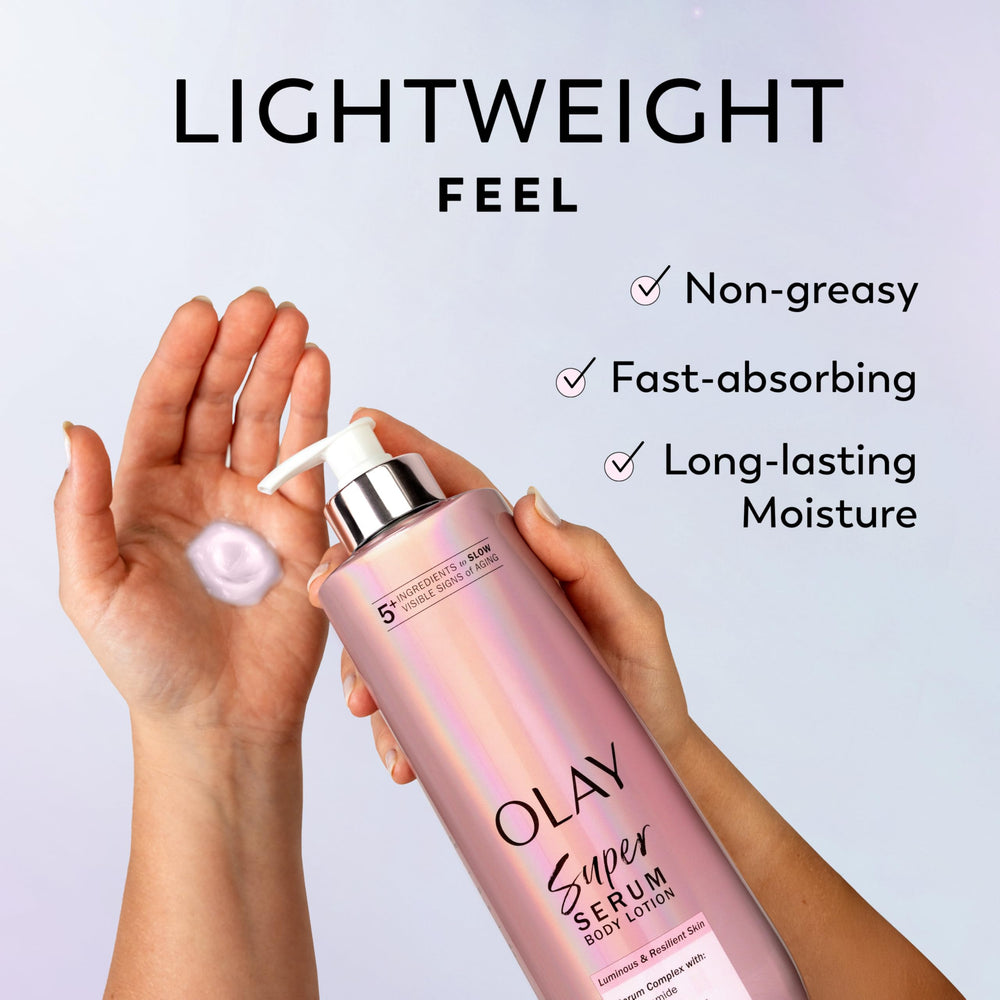Olay Super Serum Body Lotion fragrance swatch hints vanilla and soft wood notes.