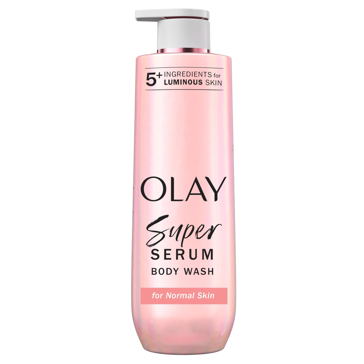 Olay Super Serum Body Wash bottle front shows luminous hydration