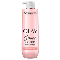 Olay Super Serum Body Wash bottle front shows luminous hydration