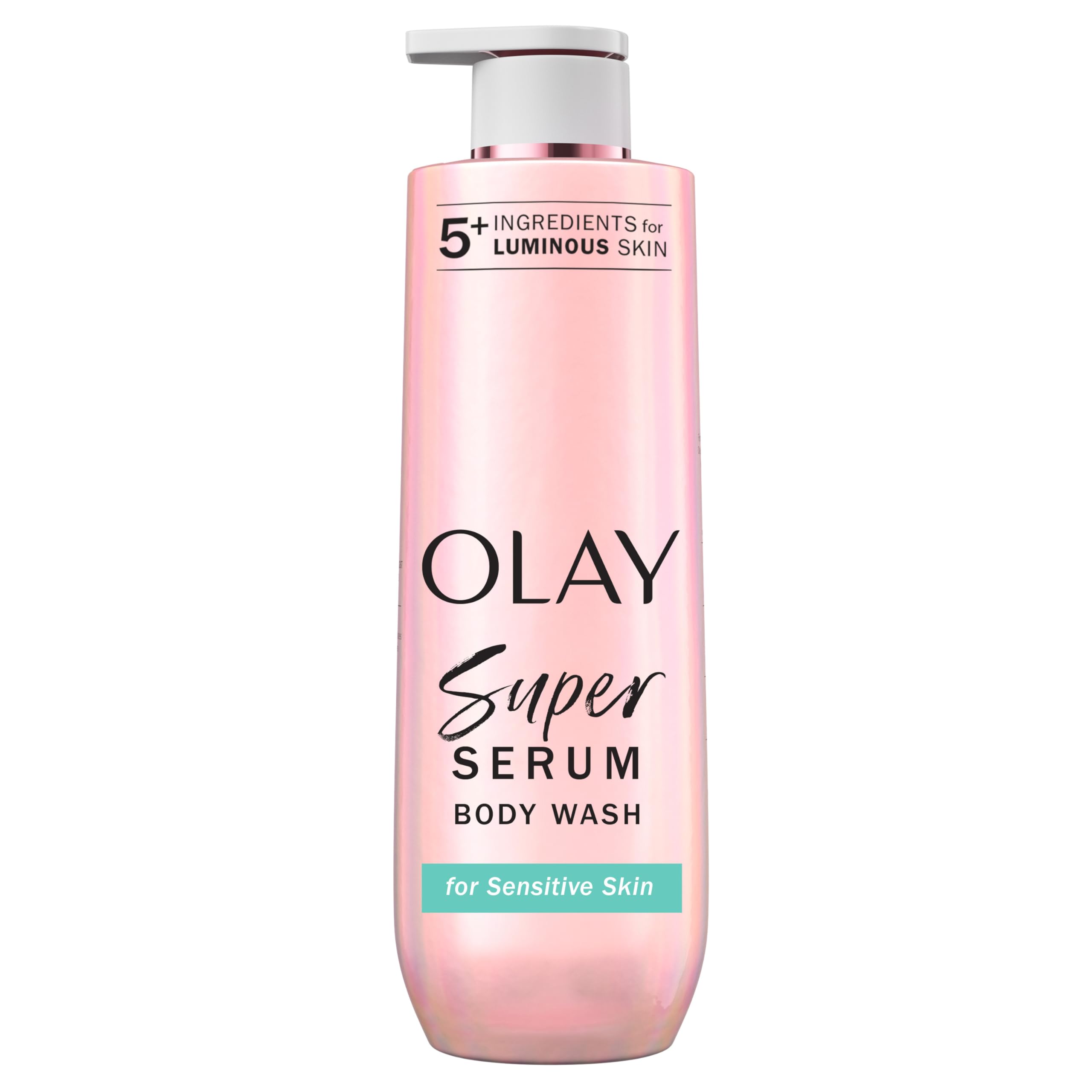 Olay Super Serum Body Wash bottle front designed for sensitive skin with gentle cleansing.