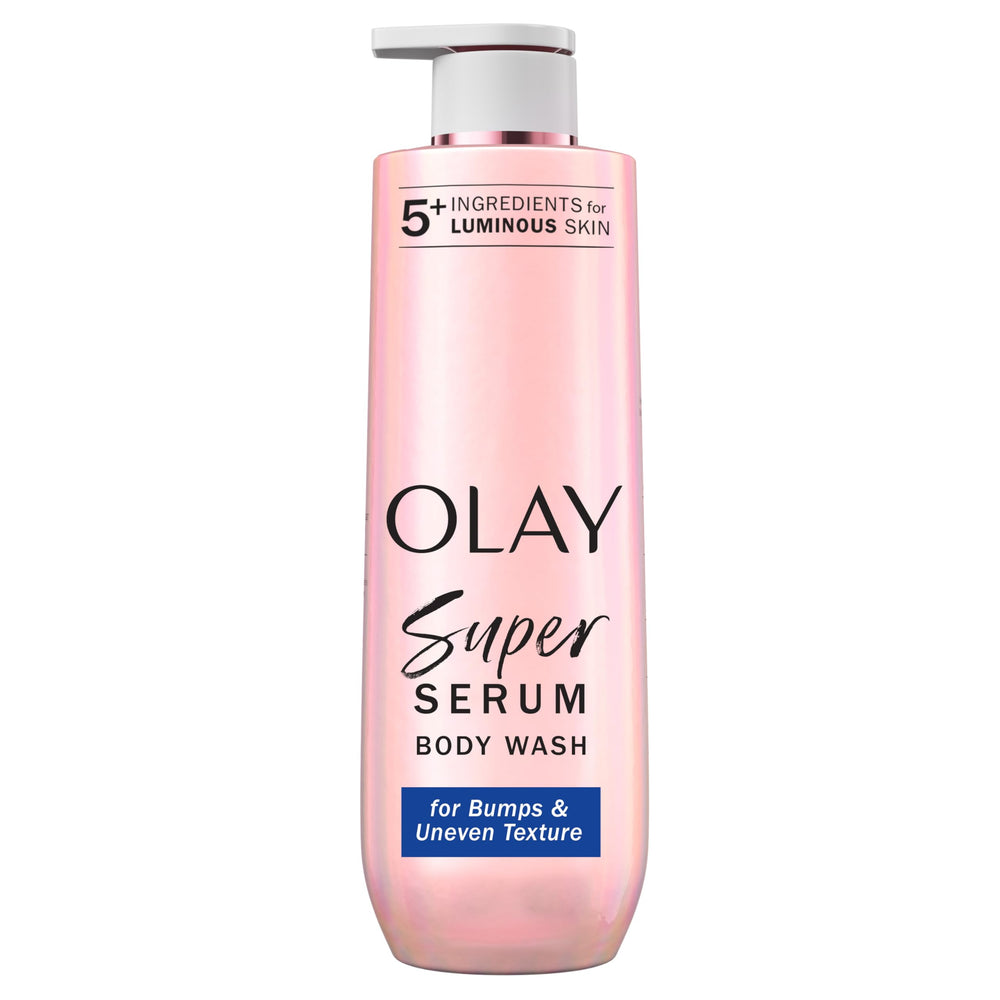Olay Super Serum Body Wash bottle for luminous skin and hydration.