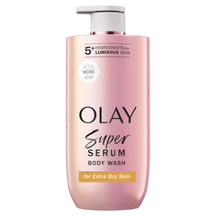 Olay Super Serum Body Wash bottle pour shows smooth lather for daily hydration