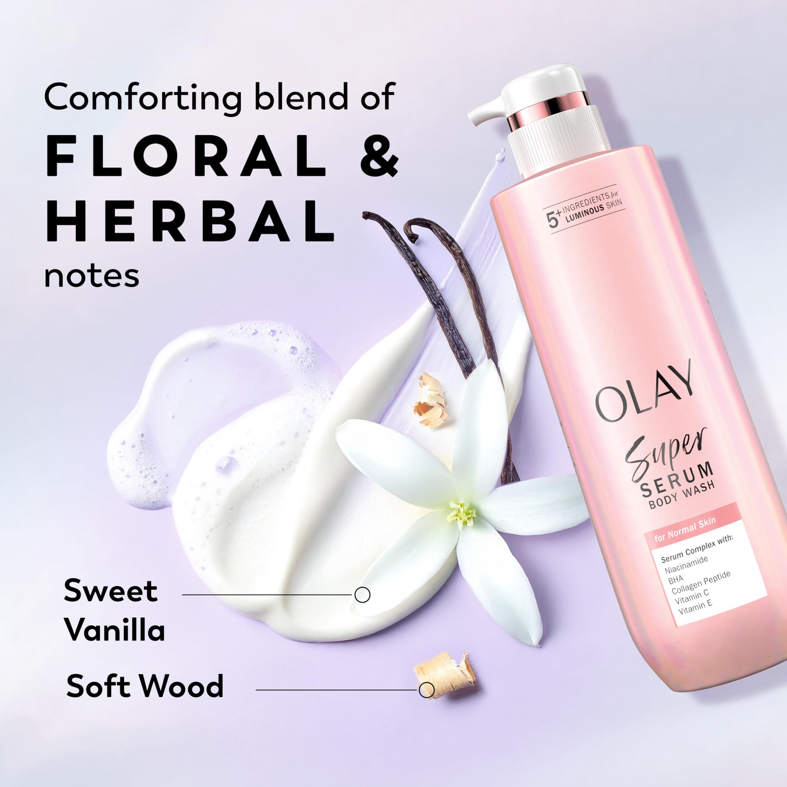 Olay Super Serum Body Wash fragrance notes with floral, vanilla, and soft wood