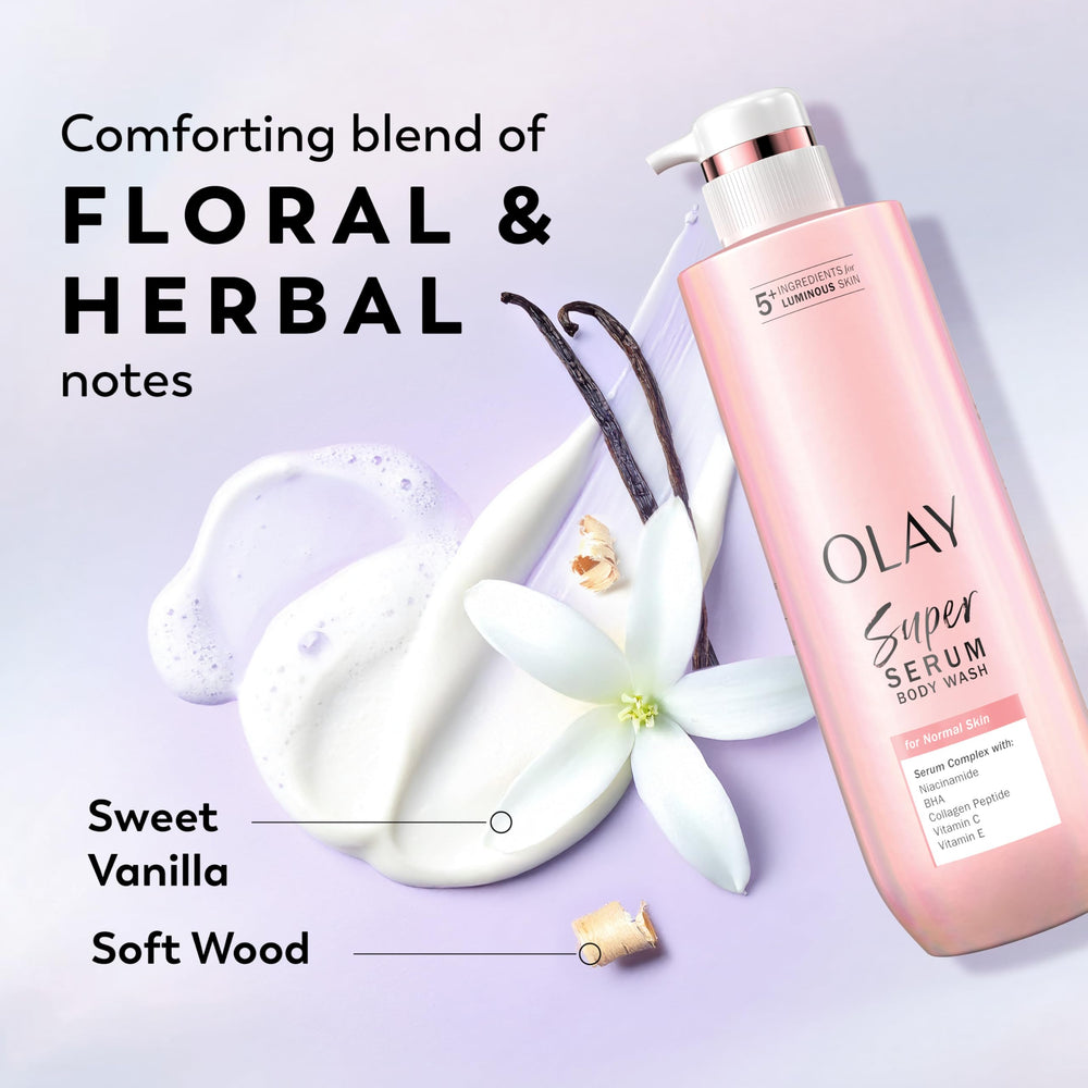 Olay Super Serum Body Wash fragrance notes with floral, vanilla, and soft wood