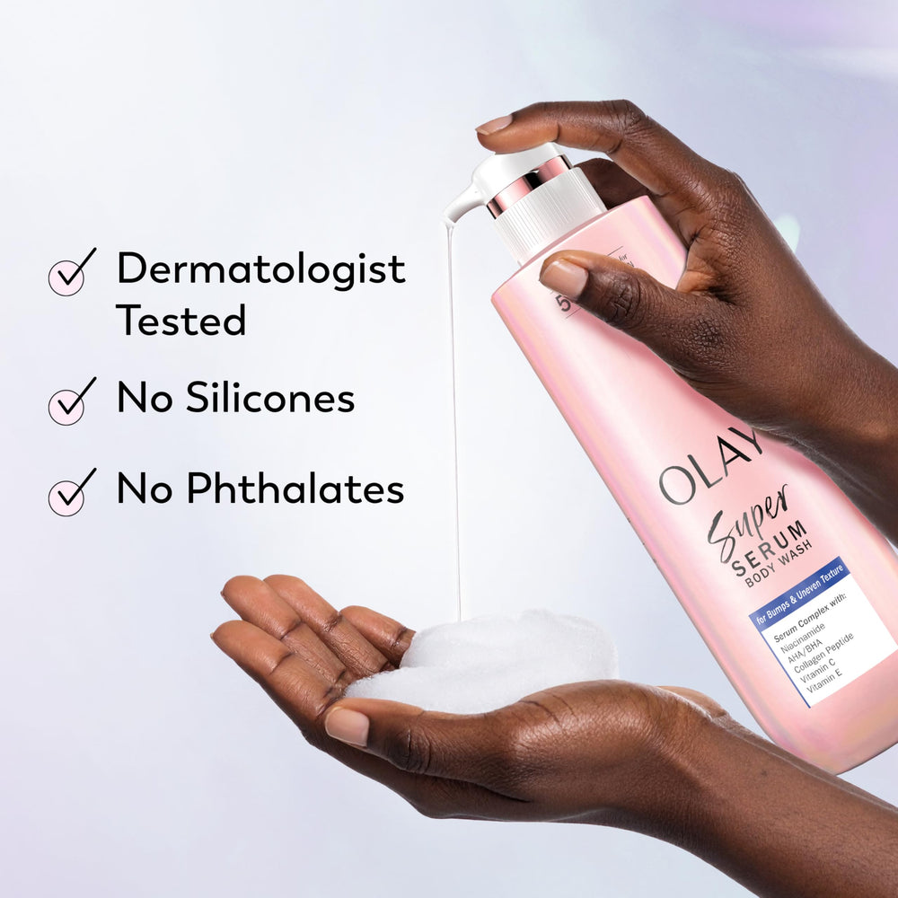 Fragrant swirls around Olay Super Serum bottle in shower.