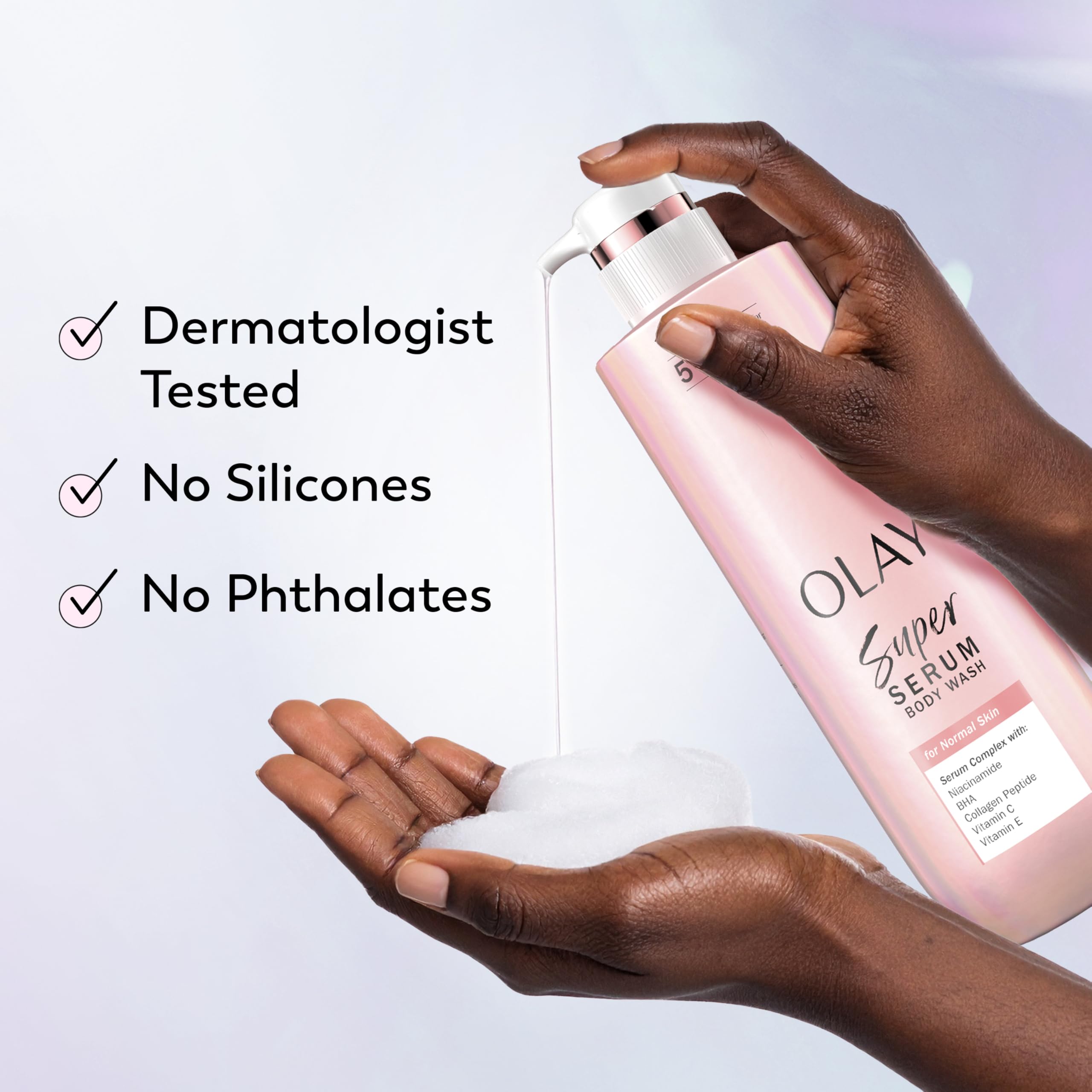 Olay Super Serum Body Wash ingredients panel featuring Niacinamide