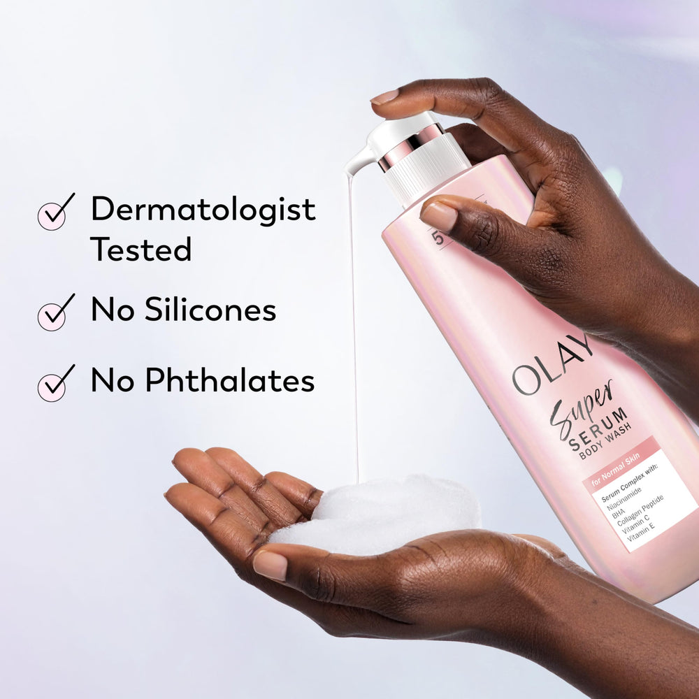 Olay Super Serum Body Wash ingredients panel featuring Niacinamide